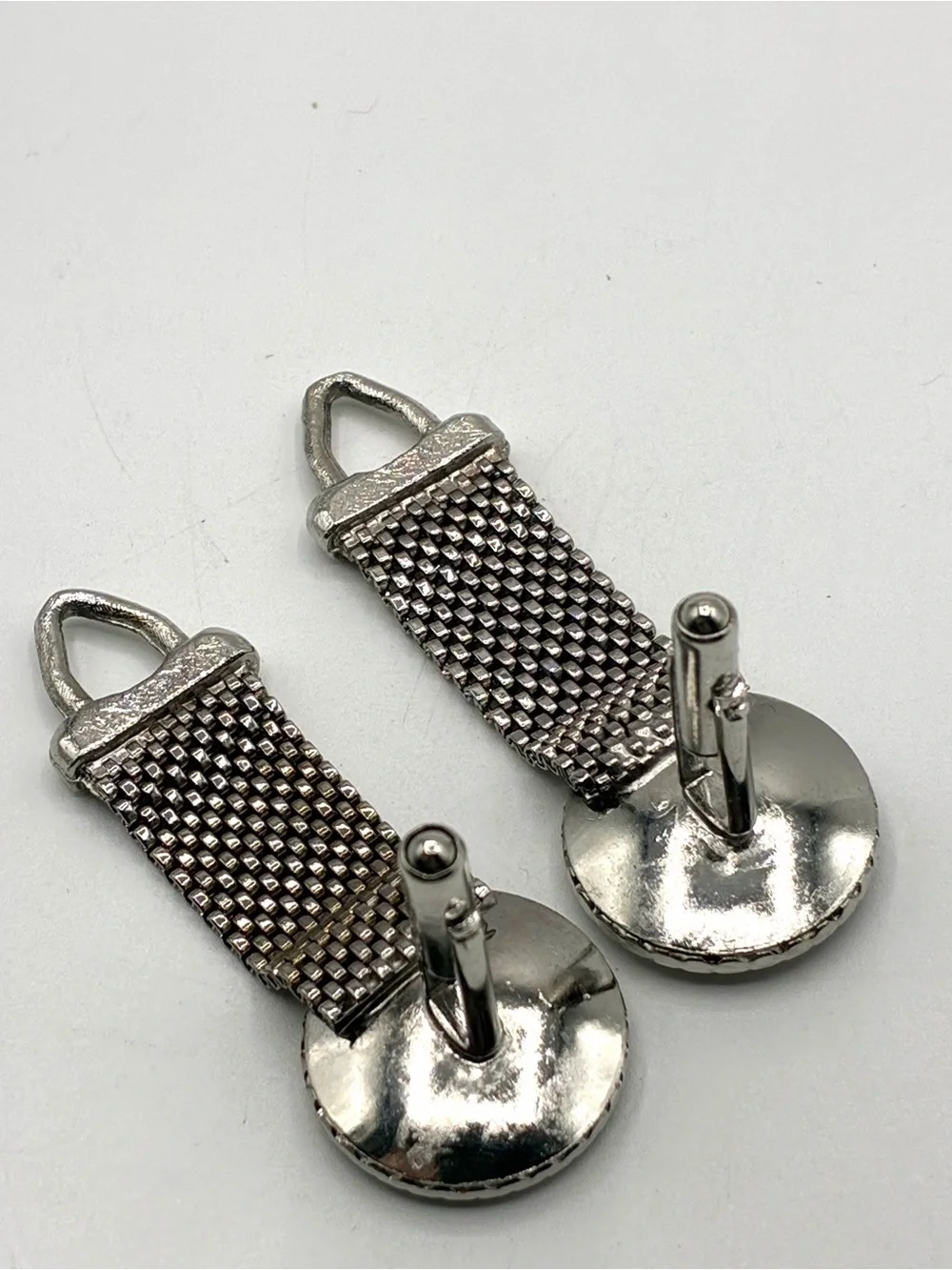 Vintage Silver Tone Mesh Cufflinks Red Rhinestone Wrap Around Formal